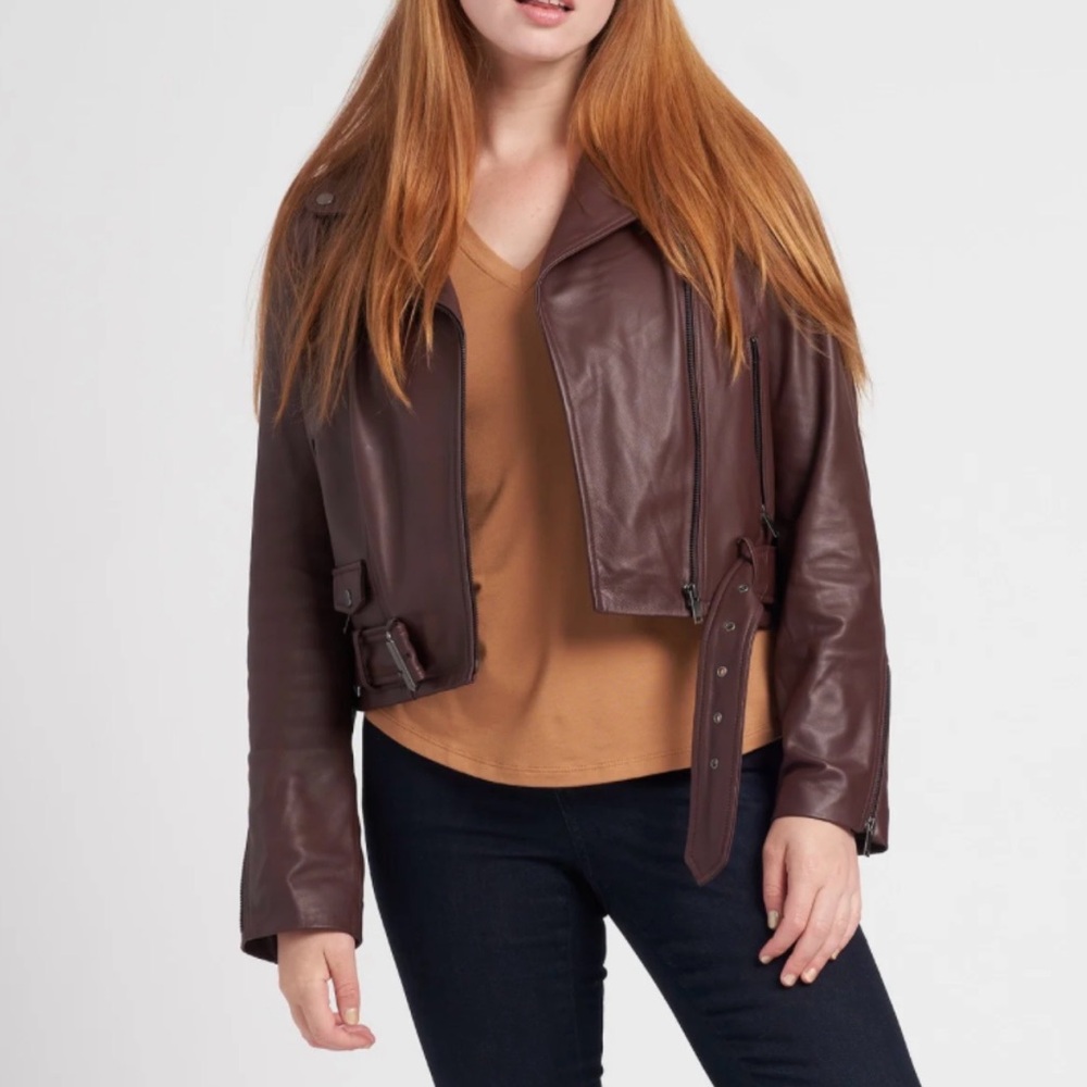 Leeron Leather Moto Jacket 18/20 MEDIUM Chili Chocolate Brown NWT plus size - Picture 3 of 14